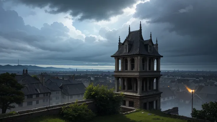 4. A faded clan banner fluttering in the wind atop an old tower ruin, distant storm clouds gathering behind it, emotional lighti...