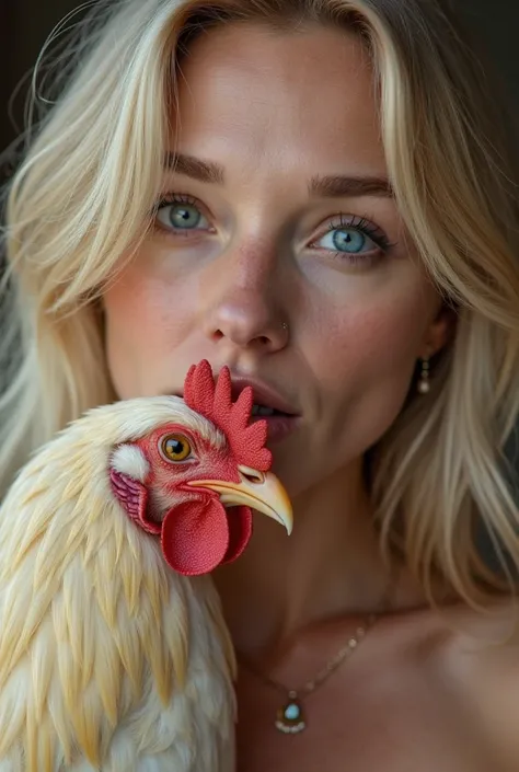 A blonde woman with blue eyes sucking a cock with sage and with her tits