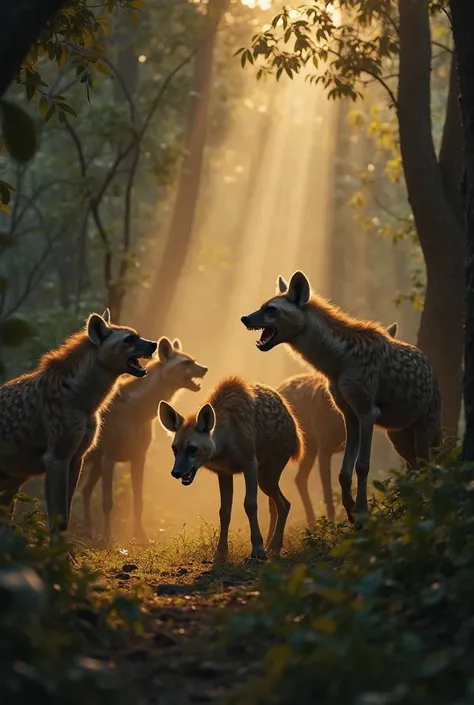 🎯 Still Image Prompt (English):

"In a dense jungle during twilight, a group of wild hyenas are seen attacking a helpless deer. ...