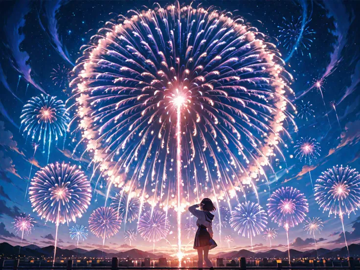 Anime-style fireworks festival night, sky bursting with multiple vivid fireworks, bright colors against a deep indigo sky, expre...