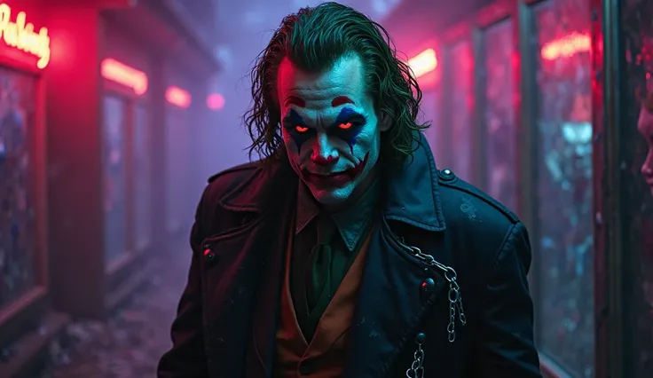 A hyper-realistic, dark cinematic portrait of a Joker-inspired male character with smudged war paint makeup, sharp glowing eyes,...