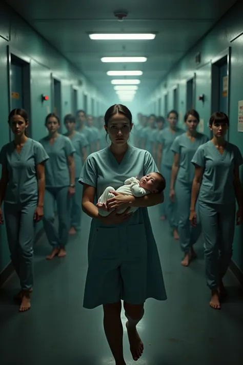 A hyper-realistic, cinematic scene depicting a newborn baby with an eerie, commanding gaze resting calmly in the arms of his hyp...