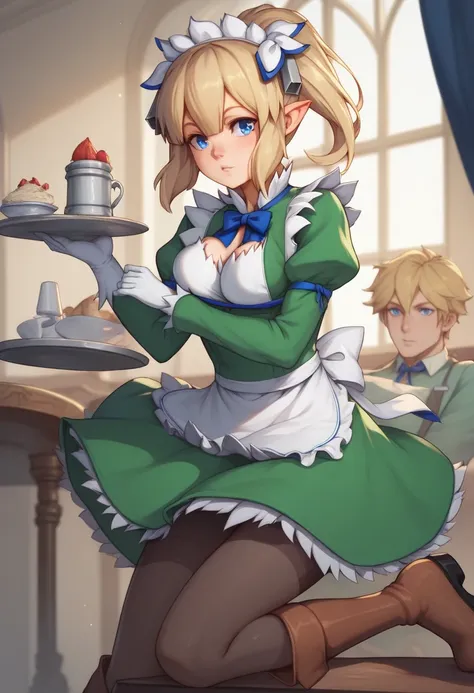ryuu lion (danmachi), short hair, blonde hair, hair between eyes, pointy ears, blue eyes hair ribbon, ponytail waitress outfit, ...