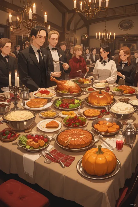 high quality, finely detail, ultra highres, holiday dinner table, roasted turkey, mashed potatoes, gravy boat, vegetable sides, ...