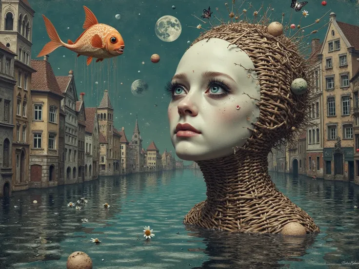 A human figure with a porcelain face floats in the foreground, broken along the left eye, from which tiny, świecące planety. Her...