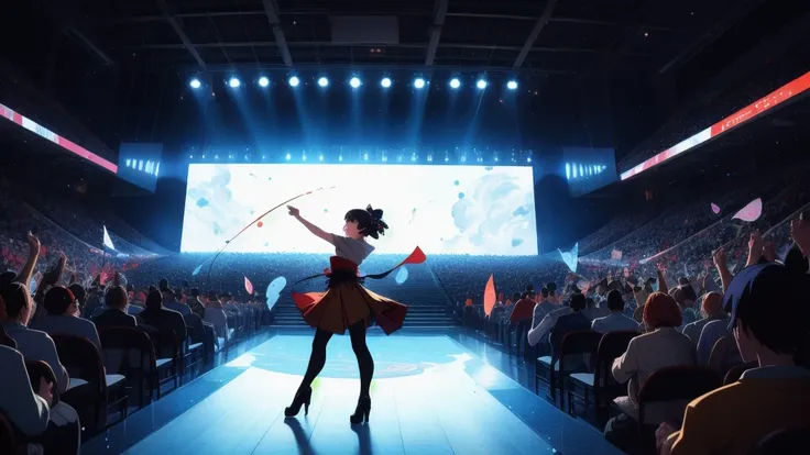 Inside a massive arena with a cheering crowd, black ink rain pours from the ceiling. A sparkly Western-dressed rival holds a gol...