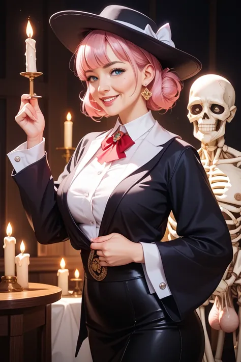 elderly Asian old fortune teller、Short、pink hair with cuffs、wearing a black robe and a triangular hat、 holding crystal balls 、st...
