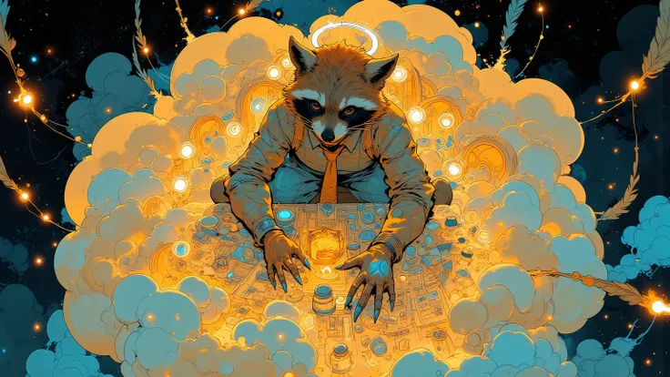 Top view of a huge, cloud-shaped desk, sitting on an overwhelmed raccoon in shirt and golden tie. Countless glowing prayer notes...