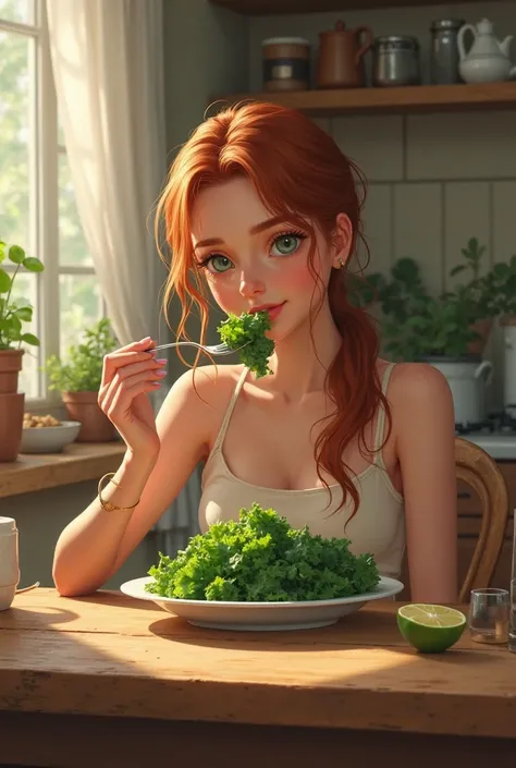 A girl is eating kale in the kitchen