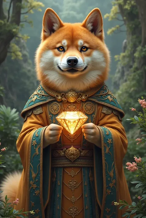 Three headed golden shiba inu dog dressed in robes with diamond in his hands