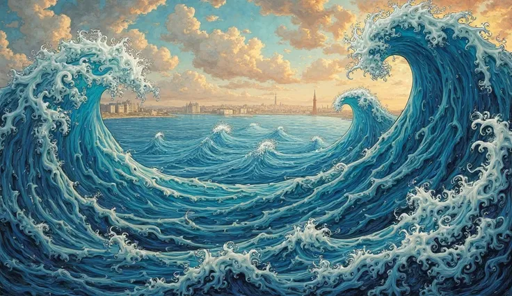 A medieval-style depiction of the Mediterranean Sea with waves shaped like flowing script.


