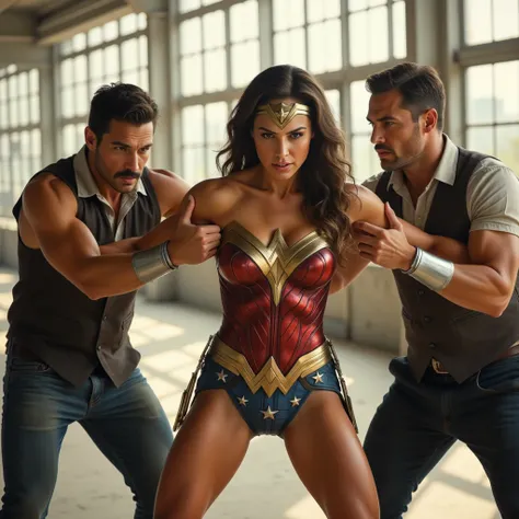 Three adults are captured mid-struggle in an empty, sunlit room. In the center, a struggling Wonder Woman, grimacing defiantly a...