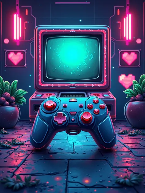 "Front cover design for a gamer-themed composition notebook, featuring a neon-lit retro arcade background with glowing pixel ele...