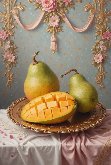 A Rococo-style oil painting on canvas depicting rare Malaysian fruits such as buah penar (wild mango), miracle fruit, and sourso...