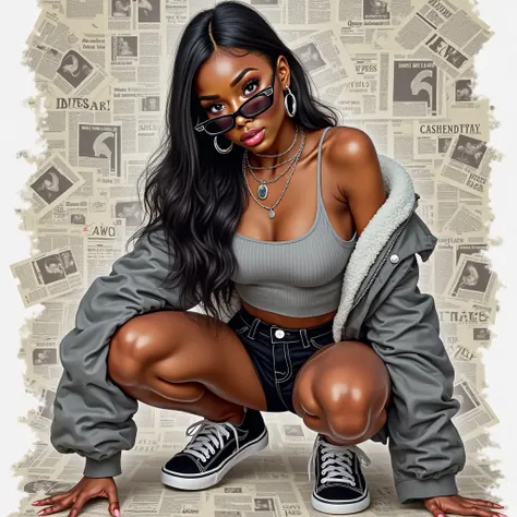 A glossy, 16k, UHD, Avant-garde, Oil Painting, stylized digital illustration of a stunning african american young woman with ra...