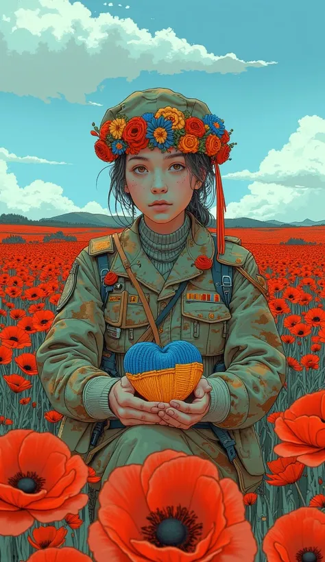 A Ukrainian female soldier sitting in a vast field of red poppies under a bright blue sky. She wears modern digital camouflage u...