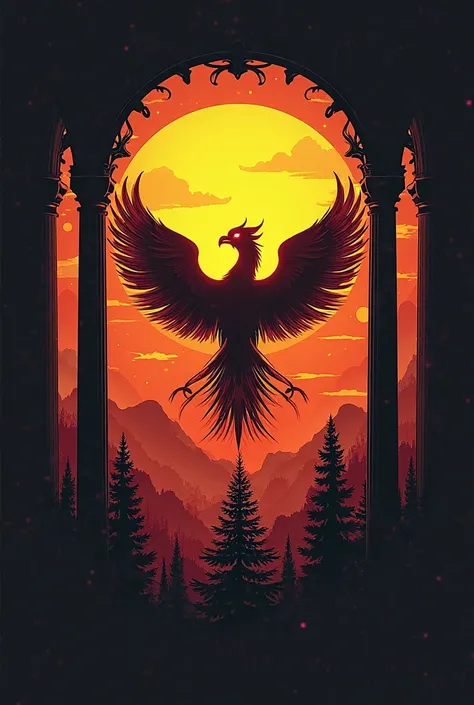make a logo with sunset put a pinetree shadow below and a phoenix on the middle, put pillar both sides