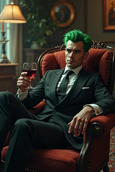 Realistic photo image of a handsome man in a dark suit and green hair, reclining in an armchair with a glass of wine 