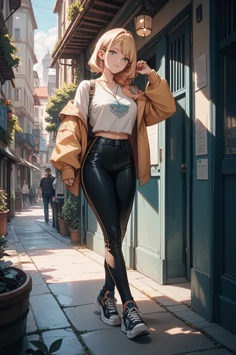 full body illustration　The girl wore black pants with slits on the side