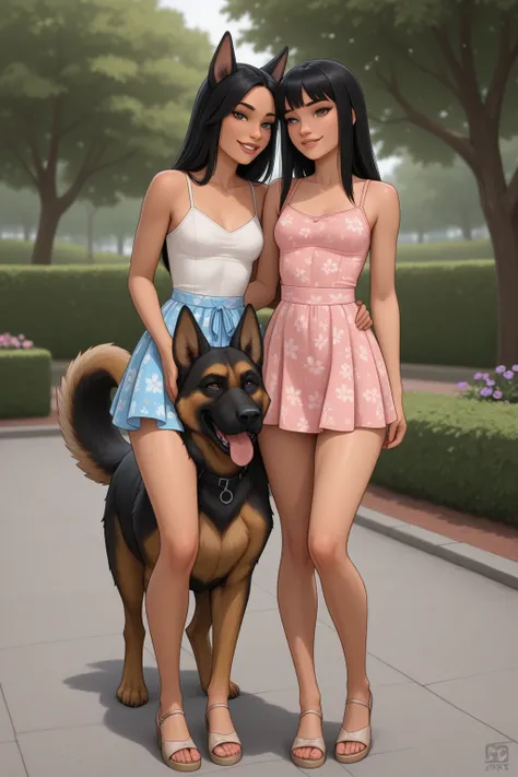 Beautiful girl under 15 years old with golden and straight hair with her boyfriend the great German shepherd dog, Sensual slende...