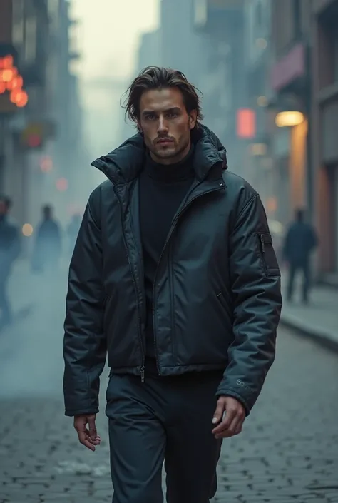 “A cinematic, luxury techwear jacket product image for the brand ‘AI Sparks’. The scene is set in a smoky, atmospheric urban env...