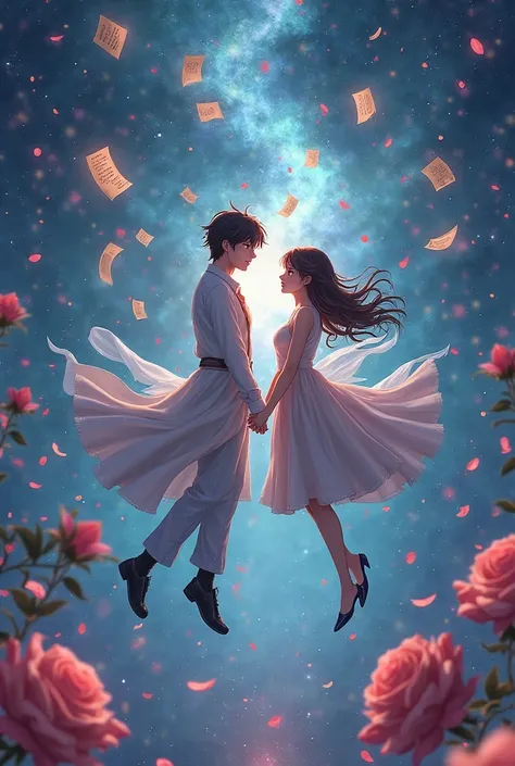 "Two lovers drifting mid-air, surrounded by floating pages from their grimoires, locked in a magical spell, swirling rose petals...