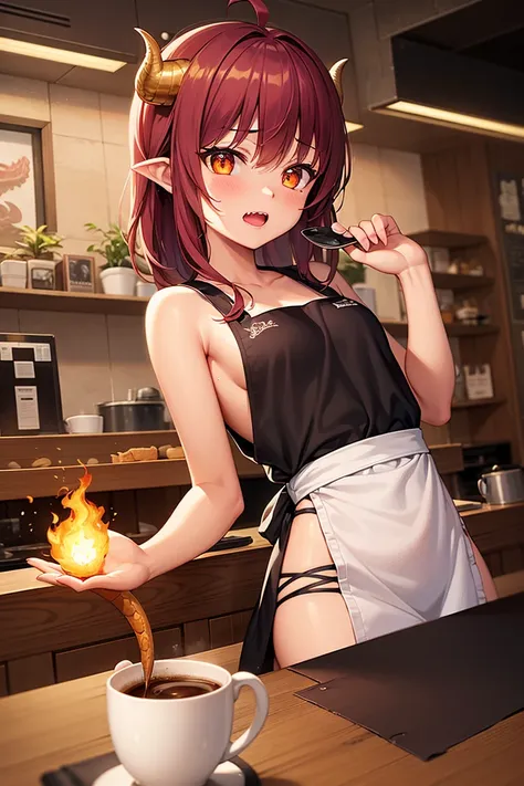masterpiece, best quality, 8K ultra detailed, photorealistic, warm cafe lighting with actual dragon fire illumination, (1girl, 1...