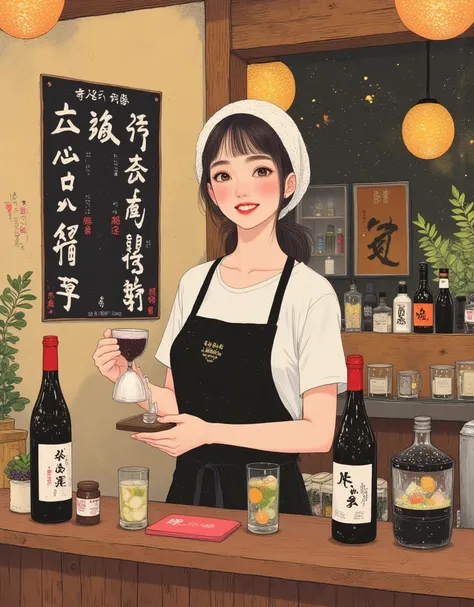 Osaka, Japan, retro izakaya bar, cute Japanese waitress, a white headscarf, short-sleeved T-shirt, delivering traditional Japane...