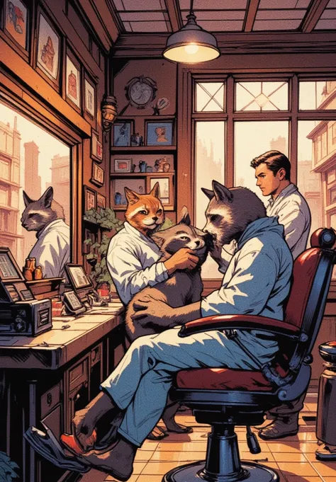 A illustration in the commix style,best quality, finely detailed, cat barbershop during rush hour, multiple cat barbers working,...