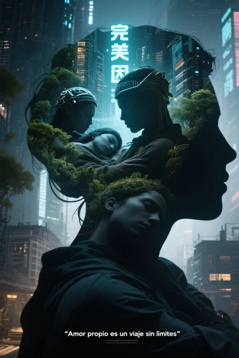 (Cyberpunk highly detailed, high-resolution photograph, double exposure, image of the perfect Eden mixed in the silhouette of sl...