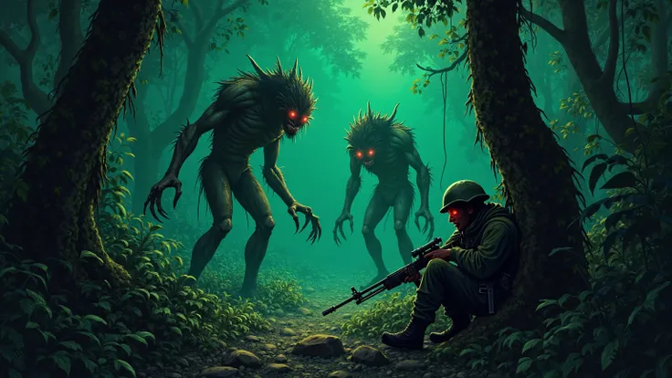The dark jungle at night, shrouded in an ominous green fog, illuminating the thickets. Three humanoids stand menacingly among th...