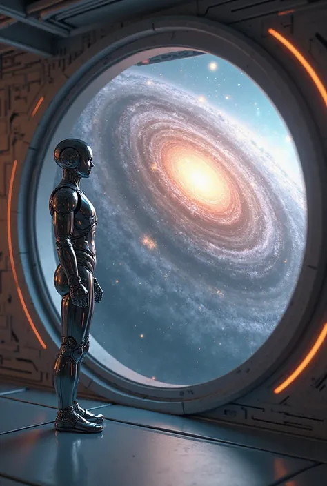 the android stands near the spaceship's window and looks at an approaching spiral galaxy in the center of which vortex turbulenc...