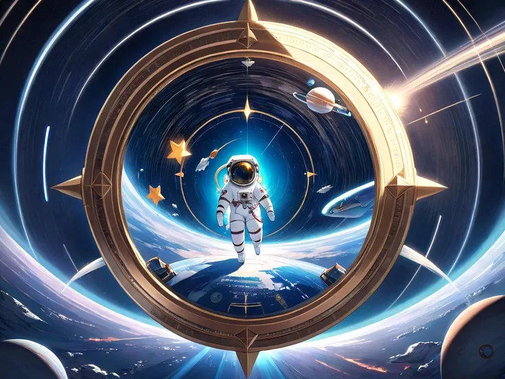 A floating fish-shaped space compass spinning gently in front of a cat astronaut, its translucent surface showing animated star ...