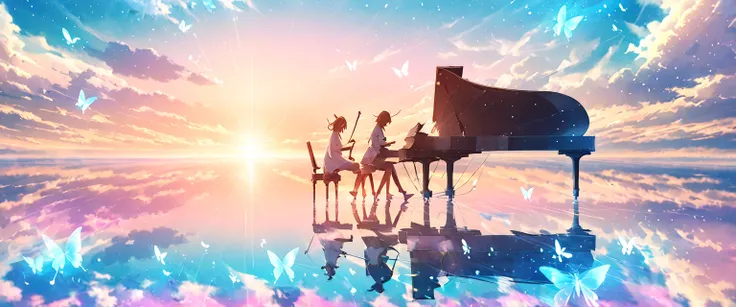 fantasy music realm, glowing musical notes, floating instruments, emotional aura, gentle lighting, pastel dreamscape, magical so...