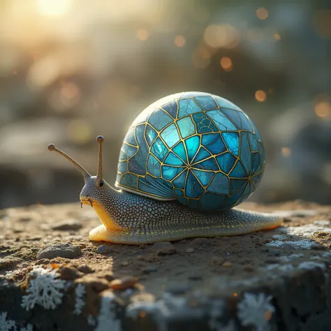 A striking image of a snail with a highly unique and artistic shell. The snail itself has a textured blue and white body, with s...