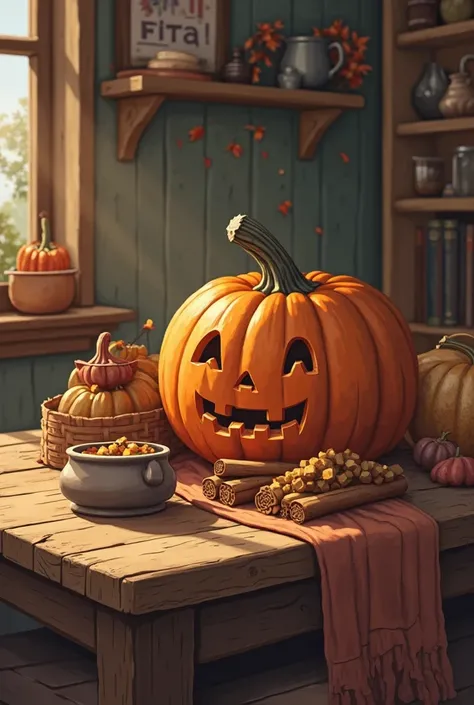 Make a wooden table with pumpkin, poop, cinnamon and a pot on the table.