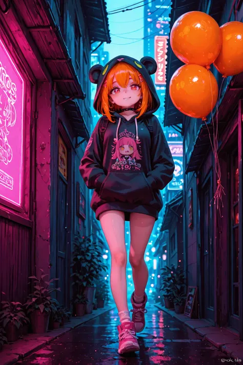 chica anime in a hoodie walking down a street with orange balloons, anime moe artstyle, seductive chica anime, cyberpunk chica a...