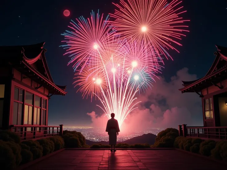 The main one is a person sitting on the veranda of a Japanese-style house and looking up at the fireworks。I'm wearing a yukata。B...