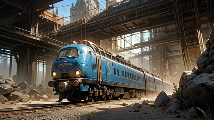 A futuristic blue train speeds through a dusty desert as towering rock formations cast long shadows.