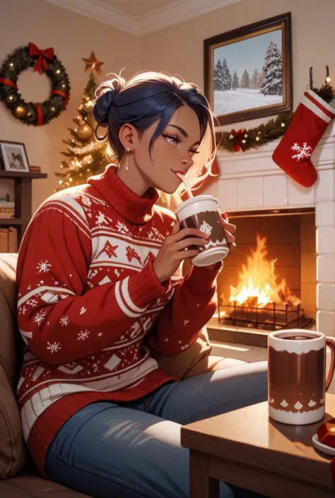 Picture of a dark-skinned man wearing a Christmas sweater and drinking cocoa while watching TV in a room with a warm fireplace