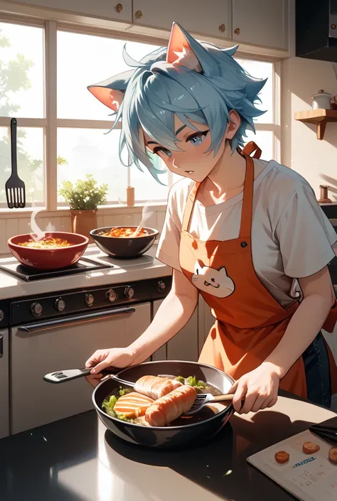 A cat that cooks, 
wearing an apron, cooking okonomiyaki, 
In front of the griddle, kitchen counter, 
paw holding a spatula, foc...