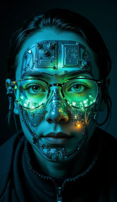 The image shows a human face with a futuristic and cybernetic design. The head is composed of a mixture of biological and techno...