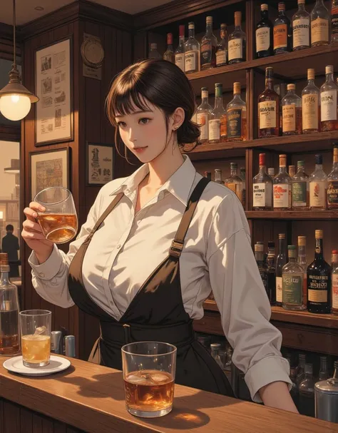 Small bar in Tokyo, Japan, young Japanese woman bartender, neat hairstyle, uniform, picking up whiskey cups from customers, retr...
