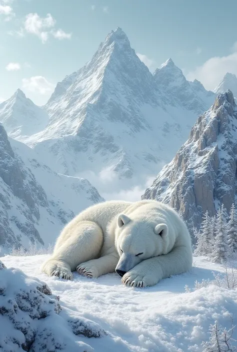 In a mountain a white bear is  sleeping