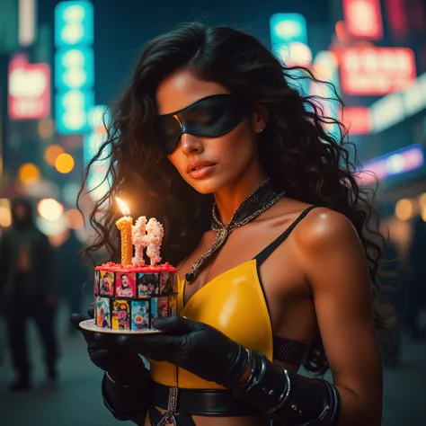Ultra-realistic heroine, blindfolded with black belt , serene expression, Modern jumpsuit costume glued to the body with thick ...
