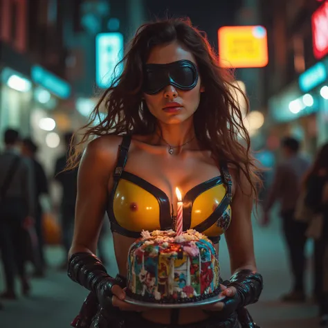 Ultra-realistic heroine, blindfolded with black belt , serene expression, Modern jumpsuit costume glued to the body with thick ...
