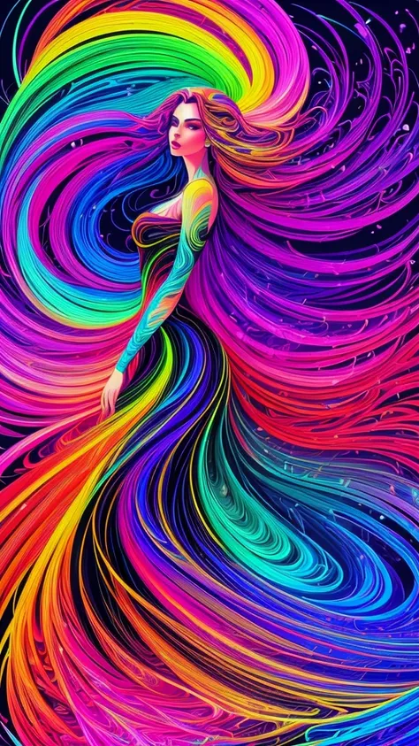A stunning digital artwork illustration of silhouette of woman with long, flowing hair in a colorful dress. The hair has a psych...