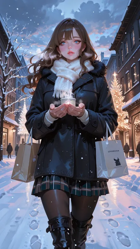 masterpiece, high quality, ultra-detailed, 1 girl, winter fashion, luxurious white fur scarf, long black winter coat, plaid mini...