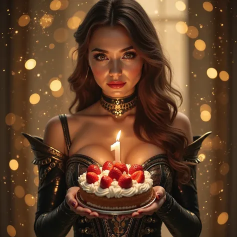 A stunning fantasy-sci-fi fusion portrait of a beautiful woman celebrating a 1-year anniversary. She has elegant, wavy brown hai...