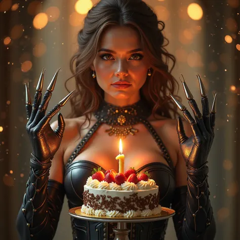 A stunning fantasy-sci-fi fusion portrait of a beautiful woman celebrating a 1-year anniversary. She has elegant, wavy brown hai...